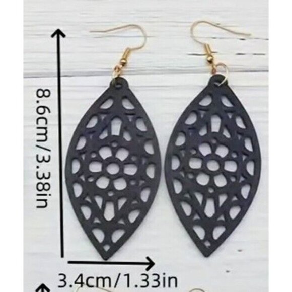 WOOD Cut Out BLUE Earrings Filagree Unique Artistic LIGHTWEIGHT Dangle Jewelry - Picture 3 of 3